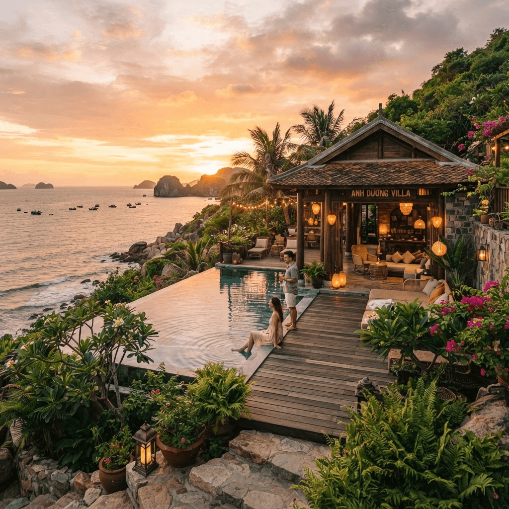 Villa homestay ven biển với hồ bơi vô cực lúc hoàng hôn