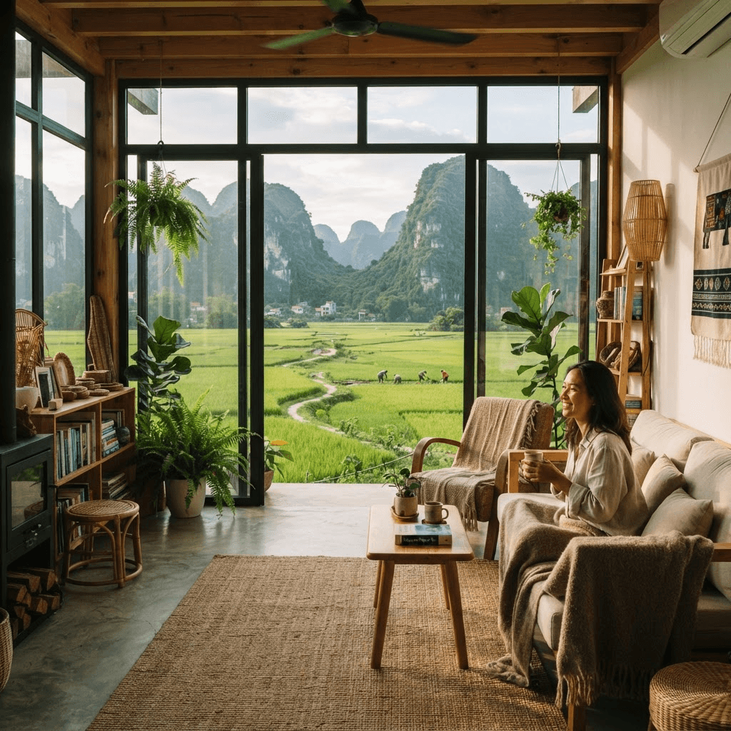 Không gian homestay hiện đại nhìn ra cánh đồng lúa xanh